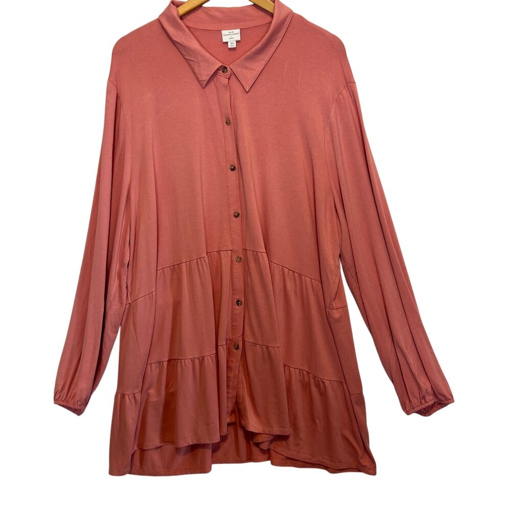 New Directions Womens Curvy Button-Down Tiered Tunic Shirt 3X Pink Long Sleeve